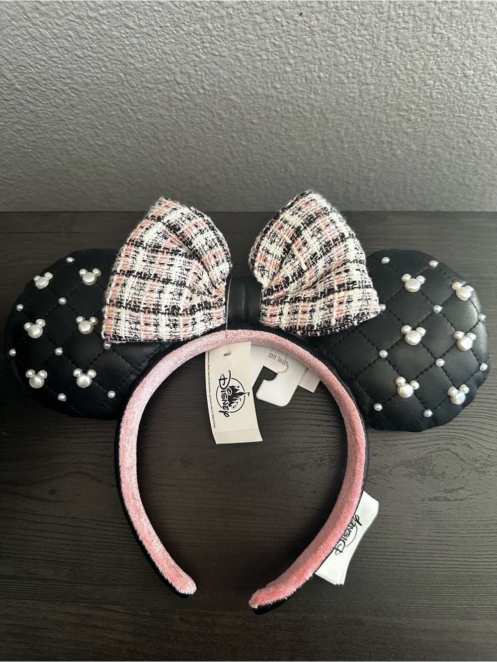 New•Disney Black Quilted Pearl Minnie Ears Headband with Pink Tweed Bow.